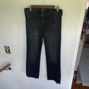 Liverpool Jeans Women's 4/27 Crop Flare Black Harlan Raw Hem Distressed Denim